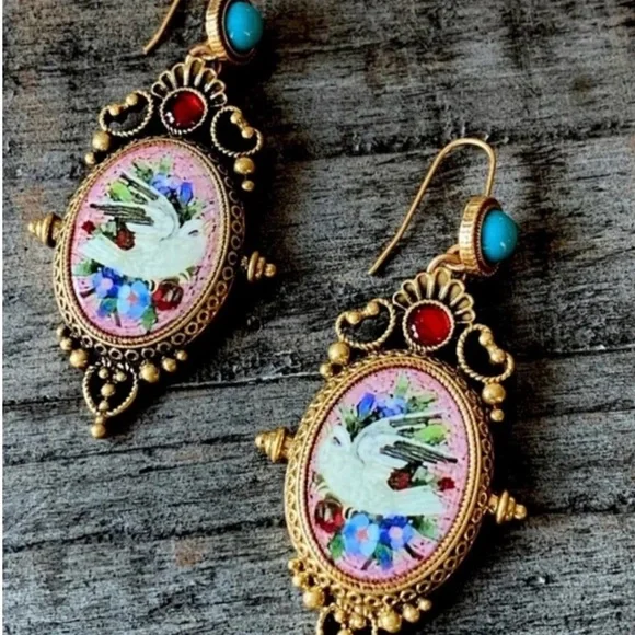 Vintage Style Dove Bird Baroque Earrings Micro Mosaic Style Floral Ornate NEW - Picture 3 of 13